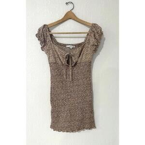 HYFVE Brown And White Spotted Puff Sleeved Ruffle Dress Women's Size M